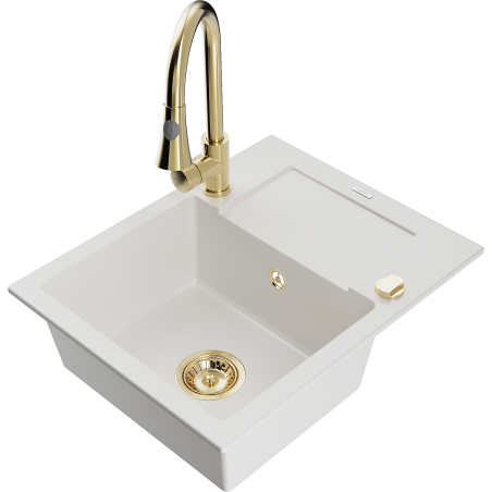 Mexen Enzo 1-compartment granite sink with a drip tray and kitchen mixer tap Elia, White - 6506-20-670101-50