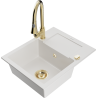 Mexen Enzo 1-compartment granite sink with a drip tray and kitchen mixer tap Elia, White - 6506-20-670101-50