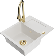 Mexen Enzo 1-compartment granite sink with a drip tray and kitchen mixer tap Elia, White - 6506-20-670101-50