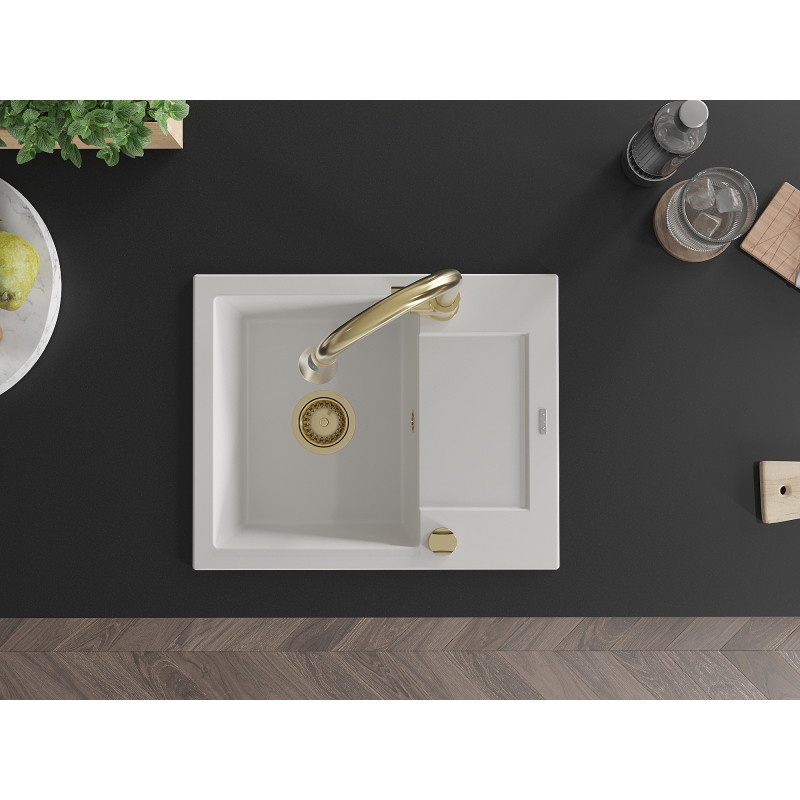 Mexen Enzo 1-bowl granite sink with drainer and kitchen faucet Elia, white - 6506-20-670101-50