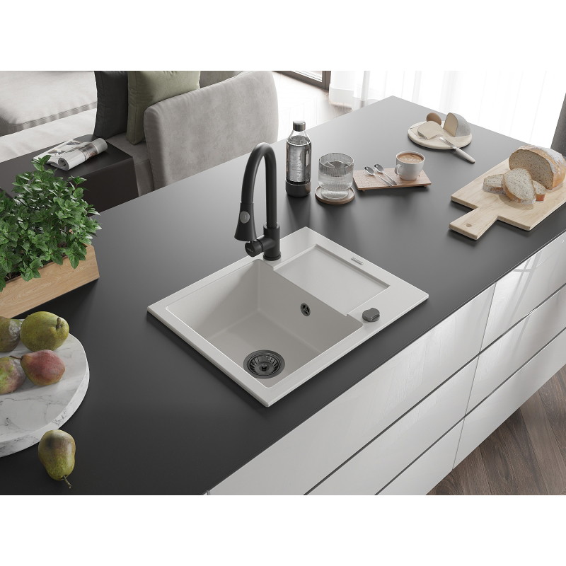 Mexen Enzo granite kitchen sink 1-bowl with drainer and Elia kitchen faucet, white - 6506-20-670101-70