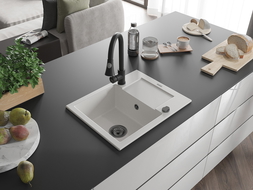Mexen Enzo 1-compartment granite sink with a drip tray and kitchen mixer tap Elia, White - 6506-20-670101-70