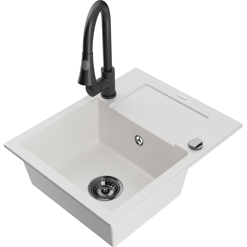 Mexen Enzo 1-bowl Granite Sink with Drainer and Elia Kitchen Tap, White - 6506-20-670101-70