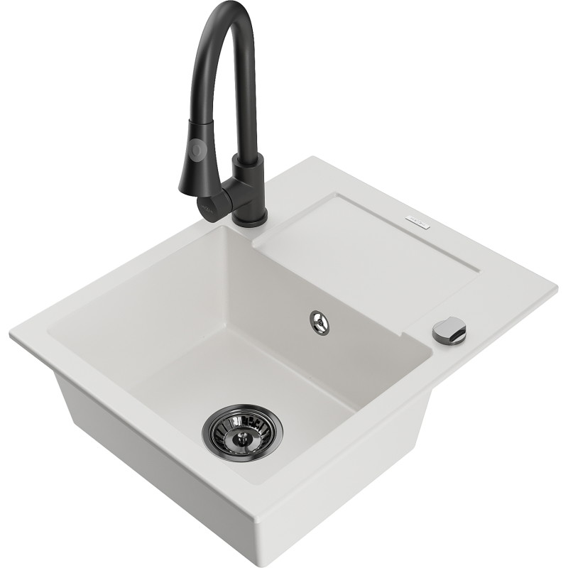 Mexen Enzo 1-bowl granite sink with drainer and kitchen faucet Elia, white - 6506-20-670101-70