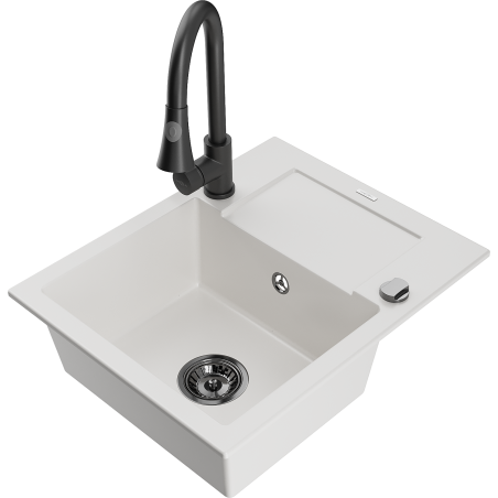 Mexen Enzo granite kitchen sink 1-bowl with drainer and Elia kitchen faucet, white - 6506-20-670101-70