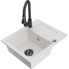 Mexen Enzo granite kitchen sink 1-bowl with drainer and Elia kitchen faucet, white - 6506-20-670101-70