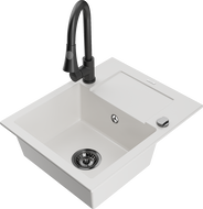 Mexen Enzo 1-compartment granite sink with a drip tray and kitchen mixer tap Elia, White - 6506-20-670101-70
