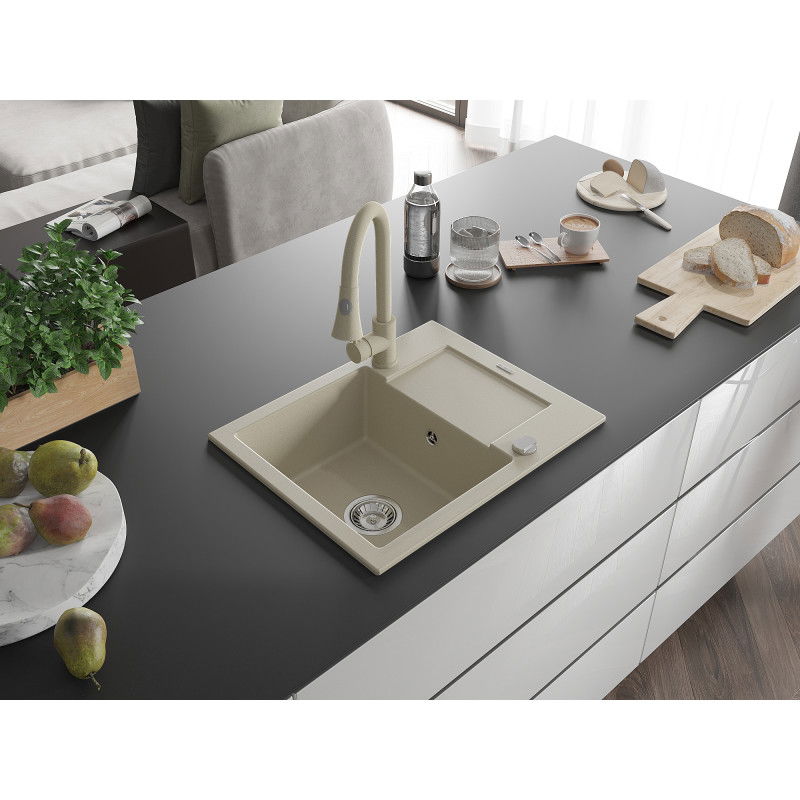 Mexen Enzo 1-bowl granite kitchen sink with drainer and Elia kitchen tap, beige - 6506-69-670101-69