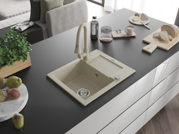 Mexen Enzo 1-compartment granite sink with a drip tray and kitchen mixer tap Elia, Beige - 6506-69-670101-69