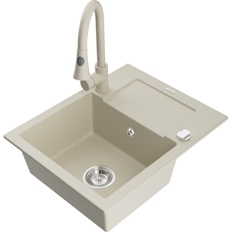 Mexen Enzo 1-bowl granite kitchen sink with drainer and Elia kitchen tap, beige - 6506-69-670101-69