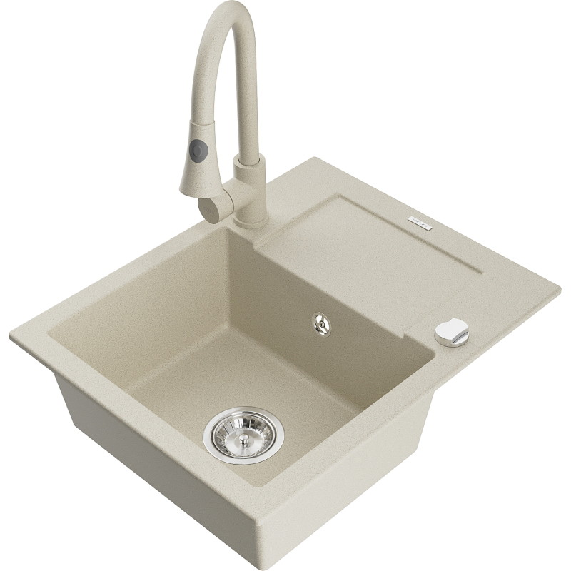 Mexen Enzo 1-bowl granite sink with drainer and Elia kitchen faucet, beige - 6506-69-670101-69