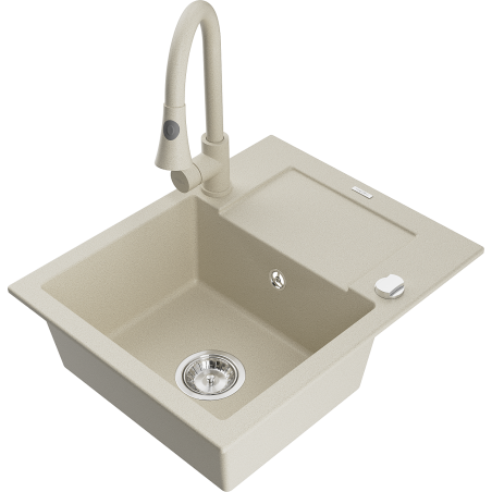 Mexen Enzo 1-bowl granite kitchen sink with drainer and Elia kitchen tap, beige - 6506-69-670101-69