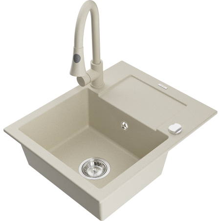 Mexen Enzo 1-compartment granite sink with a drip tray and kitchen mixer tap Elia, Beige - 6506-69-670101-69