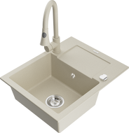 Mexen Enzo 1-compartment granite sink with a drip tray and kitchen mixer tap Elia, Beige - 6506-69-670101-69