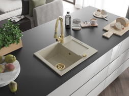 Mexen Enzo 1-bowl granite sink with drainer and Elia kitchen faucet, beige - 6506-69-670101-50