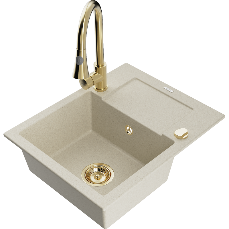 Mexen Enzo granite kitchen sink 1-bowl with drainer and Elia kitchen tap, beige - 6506-69-670101-50