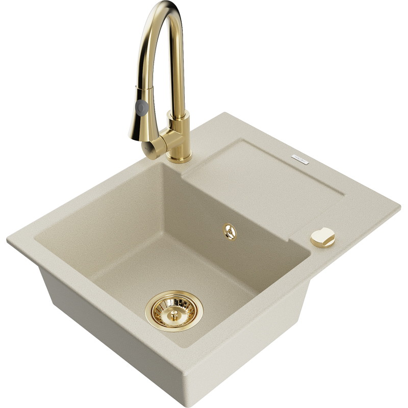 Mexen Enzo single-bowl granite sink with drainer and kitchen faucet Elia, beige - 6506-69-670101-50
