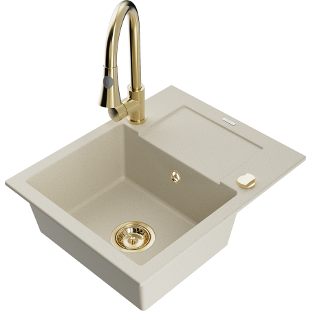 Mexen Enzo 1-bowl granite sink with drainer and Elia kitchen faucet, beige - 6506-69-670101-50