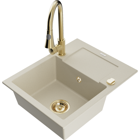 Mexen Enzo granite kitchen sink 1-bowl with drainer and Elia kitchen tap, beige - 6506-69-670101-50