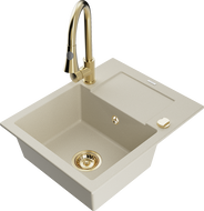 Mexen Enzo 1-compartment granite sink with a drip tray and kitchen mixer tap Elia, Beige - 6506-69-670101-50