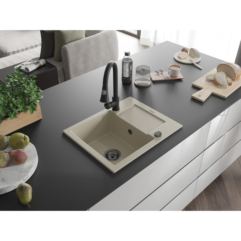 Mexen Enzo 1-bowl granite sink with drainer and Elia kitchen faucet, beige - 6506-69-670101-70