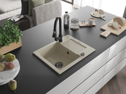 Mexen Enzo 1-compartment granite sink with a drip tray and kitchen mixer tap Elia, Beige - 6506-69-670101-70