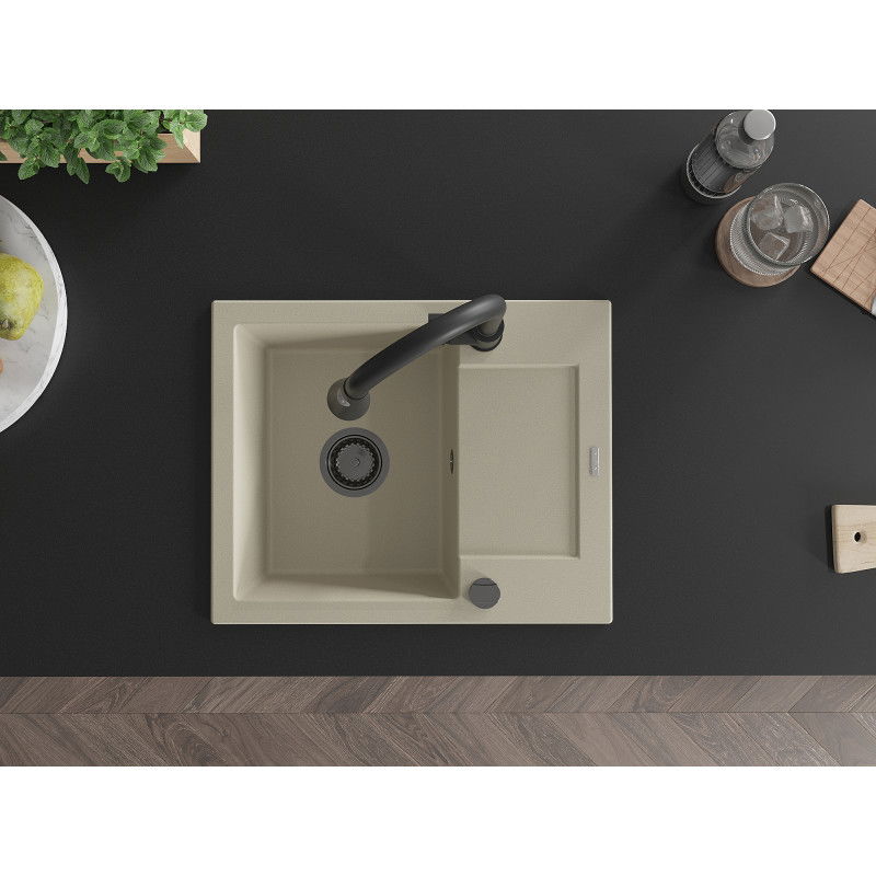 Mexen Enzo single-bowl granite sink with drainer and Elia kitchen tap, beige - 6506-69-670101-70