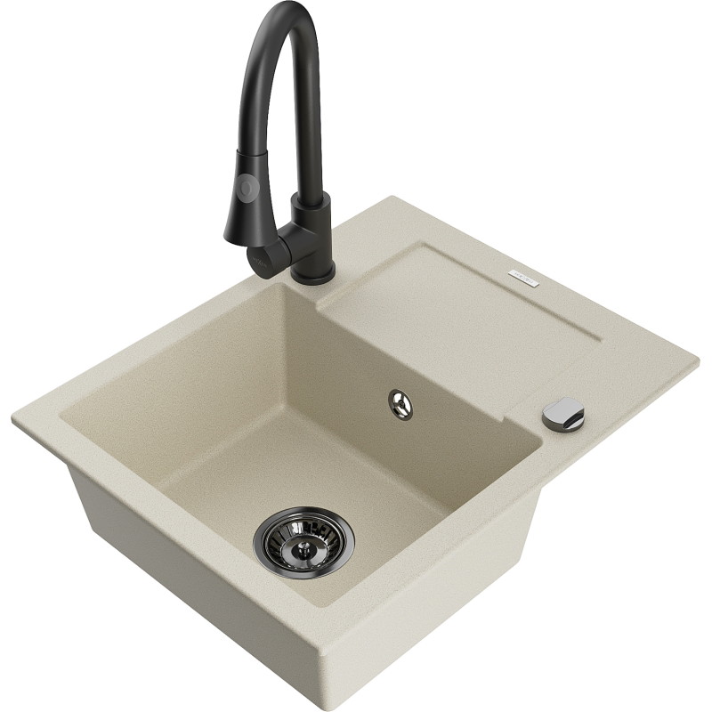 Mexen Enzo 1-bowl granite sink with drainer and Elia kitchen faucet, beige - 6506-69-670101-70