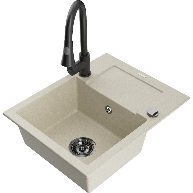 Mexen Enzo 1-compartment granite sink with a drip tray and kitchen mixer tap Elia, Beige - 6506-69-670101-70