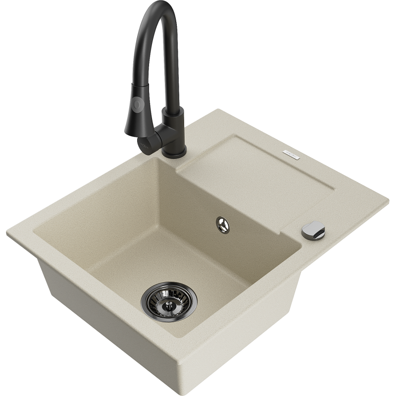 Mexen Enzo single-bowl granite sink with drainer and Elia kitchen tap, beige - 6506-69-670101-70