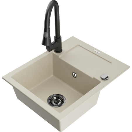 Mexen Enzo single-bowl granite sink with drainer and Elia kitchen tap, beige - 6506-69-670101-70