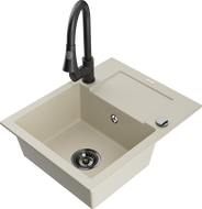 Mexen Enzo 1-compartment granite sink with a drip tray and kitchen mixer tap Elia, Beige - 6506-69-670101-70
