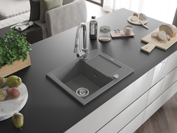 Mexen Enzo 1-compartment granite sink with a drip tray and kitchen mixer tap Elia, Grey - 6506-71-670101-00