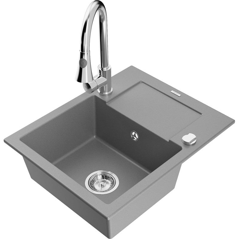 Mexen Enzo 1-bowl granite sink with drainer and Elia kitchen faucet, gray - 6506-71-670101-00