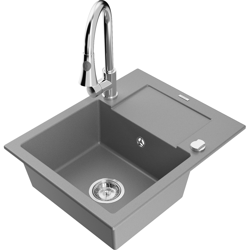 Mexen Enzo 1-bowl granite sink with drainer and Elia kitchen tap, grey - 6506-71-670101-00