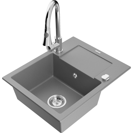 Mexen Enzo 1-bowl granite sink with drainer and Elia kitchen tap, grey - 6506-71-670101-00
