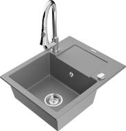 Mexen Enzo 1-compartment granite sink with a drip tray and kitchen mixer tap Elia, Grey - 6506-71-670101-00