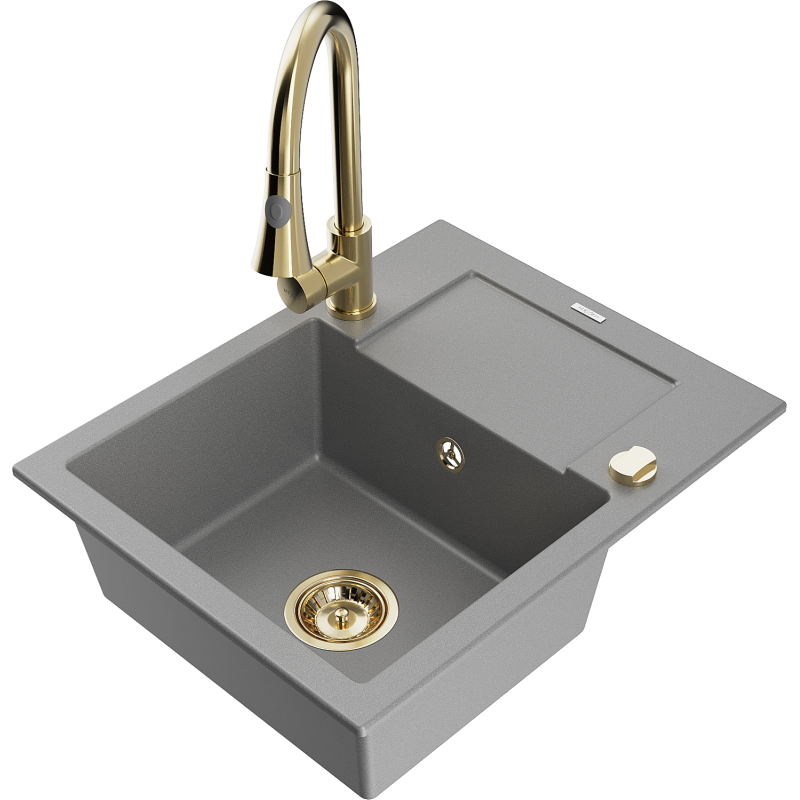 Mexen Enzo 1-compartment granite sink with a drip tray and kitchen mixer tap Elia, Grey - 6506-71-670101-50