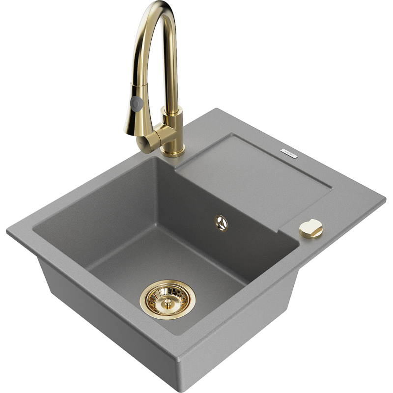 Mexen Enzo granite sink 1-bowl with drainer and Elia kitchen tap, grey - 6506-71-670101-50