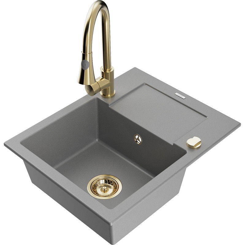 Mexen Enzo granite sink 1-bowl with drainer and kitchen faucet Elia, gray - 6506-71-670101-50