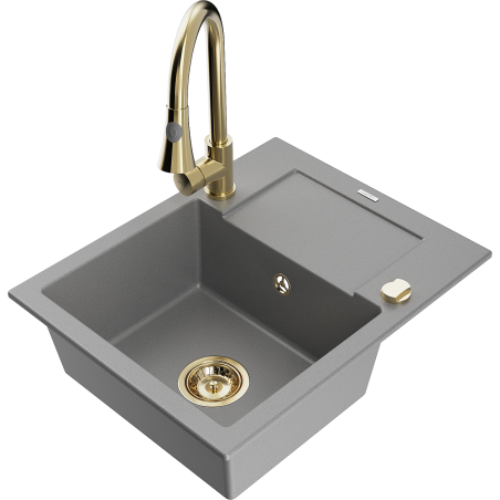 Mexen Enzo 1-compartment granite sink with a drip tray and kitchen mixer tap Elia, Grey - 6506-71-670101-50