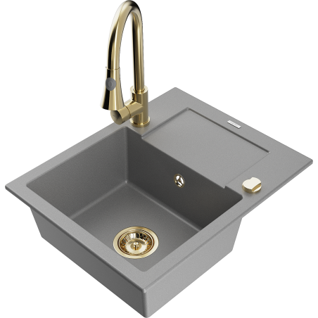 Mexen Enzo granite sink 1-bowl with drainer and Elia kitchen tap, grey - 6506-71-670101-50