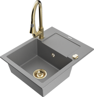 Mexen Enzo 1-compartment granite sink with a drip tray and kitchen mixer tap Elia, Grey - 6506-71-670101-50