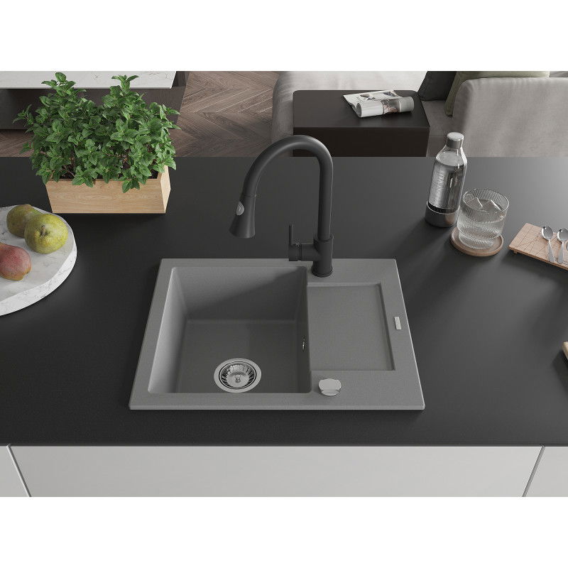 Mexen Enzo 1-bowl granite sink with drainer and Elia kitchen tap, grey - 6506-71-670101-70