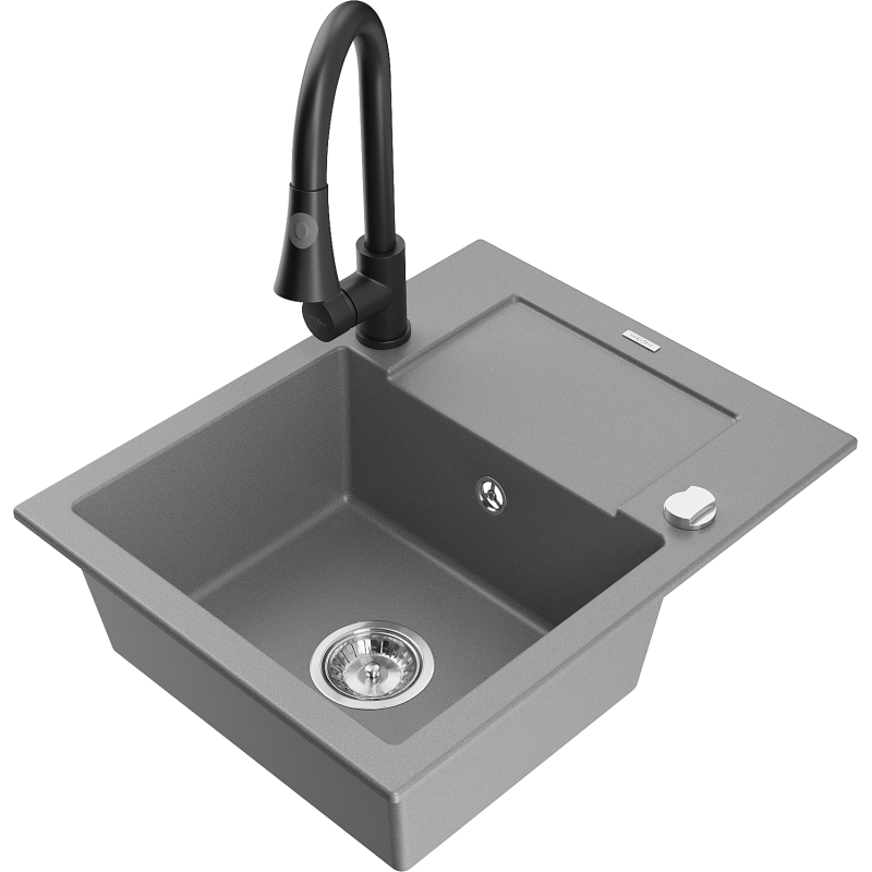 Mexen Enzo 1-bowl granite sink with drainer and Elia kitchen tap, grey - 6506-71-670101-70
