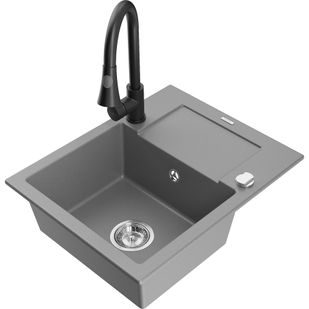 Mexen Enzo 1-bowl granite sink with drainer and Elia kitchen tap, grey - 6506-71-670101-70
