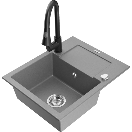 Mexen Enzo 1-compartment granite sink with a drip tray and kitchen mixer tap Elia, Grey - 6506-71-670101-70
