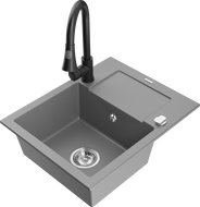 Mexen Enzo 1-compartment granite sink with a drip tray and kitchen mixer tap Elia, Grey - 6506-71-670101-70
