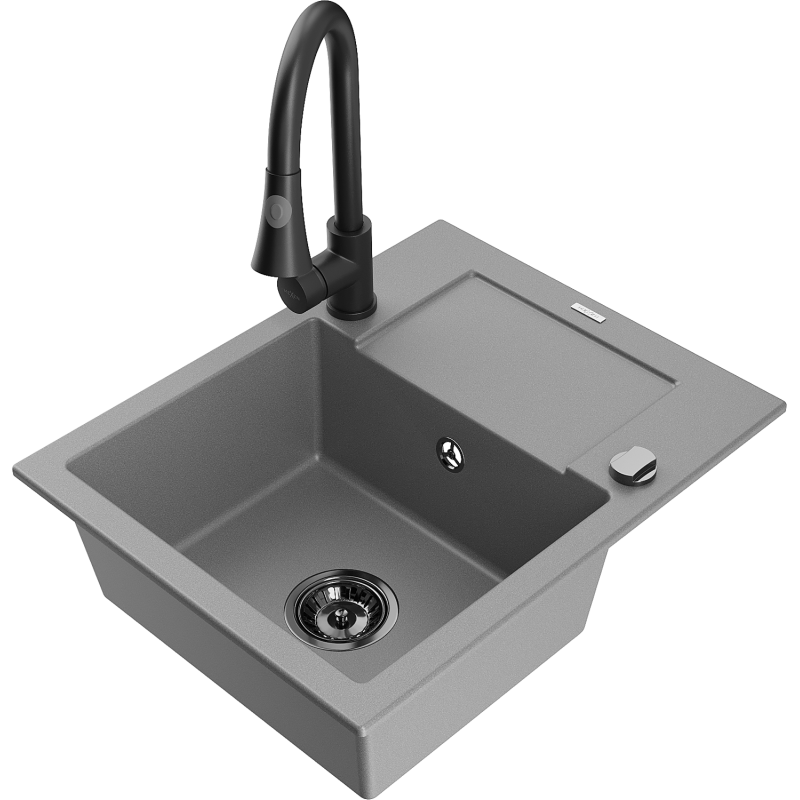 Mexen Enzo 1-compartment granite sink with a drip tray and kitchen mixer tap Elia, Grey - 6506-71-670101-70-B