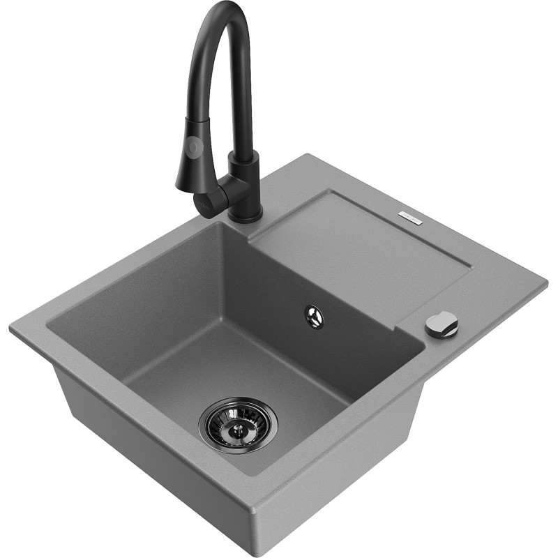 Mexen Enzo granite 1-bowl sink with drainer and kitchen faucet Elia, gray - 6506-71-670101-70-B